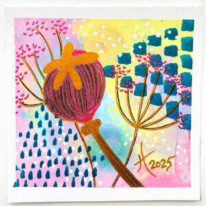 Queen Poppy Original Acrylic Mixed Media Painting 5x5in White Frame Desktop Art